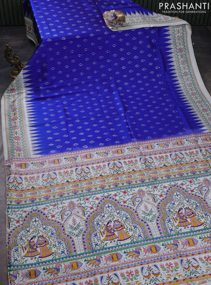 Pochampally silk saree royal blue and cream with allover ikat woven buttas and madhubani prints