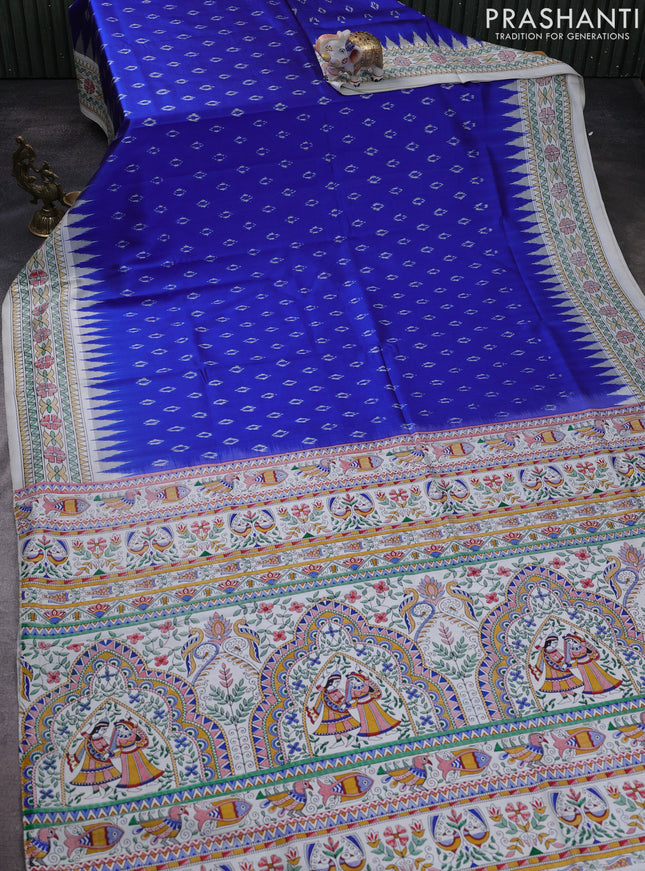 Pochampally silk saree royal blue and cream with allover ikat woven buttas and madhubani prints