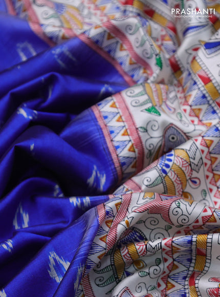 Pochampally silk saree royal blue and cream with allover ikat woven buttas and madhubani prints