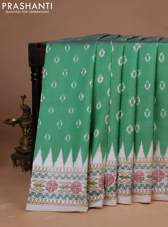 Pochampally silk saree light green and cream with allover ikat woven buttas and madhubani prints