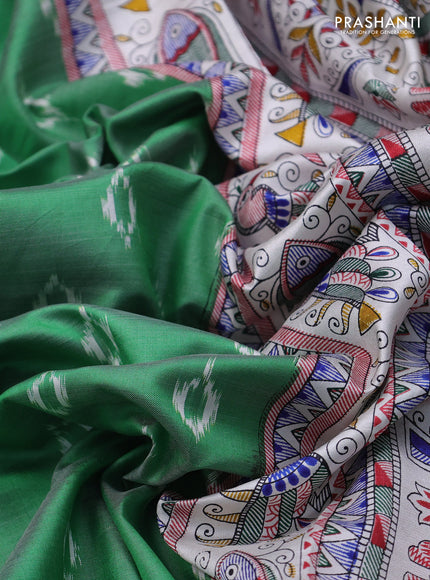 Pochampally silk saree light green and cream with allover ikat woven buttas and madhubani prints