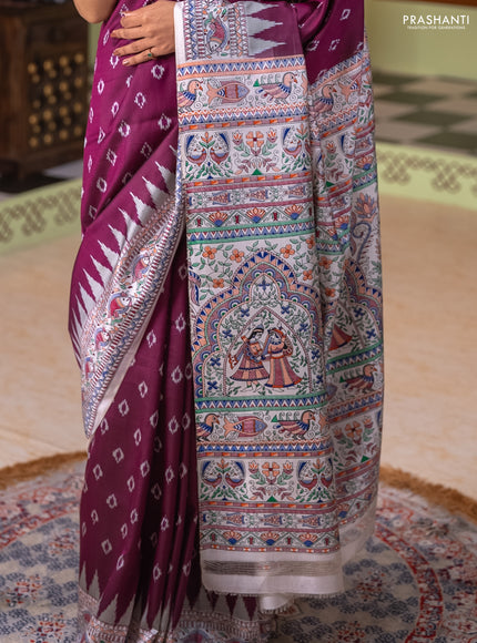 Pochampally silk saree deep maroon and cream with allover ikat woven buttas and madhubani prints