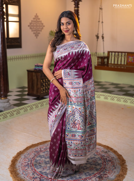 Pochampally silk saree deep maroon and cream with allover ikat woven buttas and madhubani prints