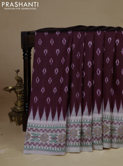 Pochampally silk saree deep maroon and cream with allover ikat woven buttas and madhubani prints