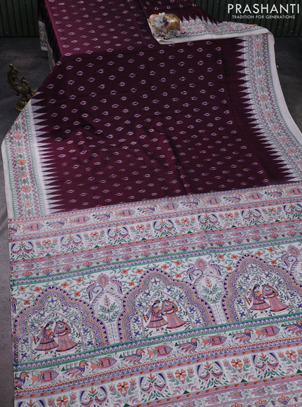 Pochampally silk saree deep maroon and cream with allover ikat woven buttas and madhubani prints
