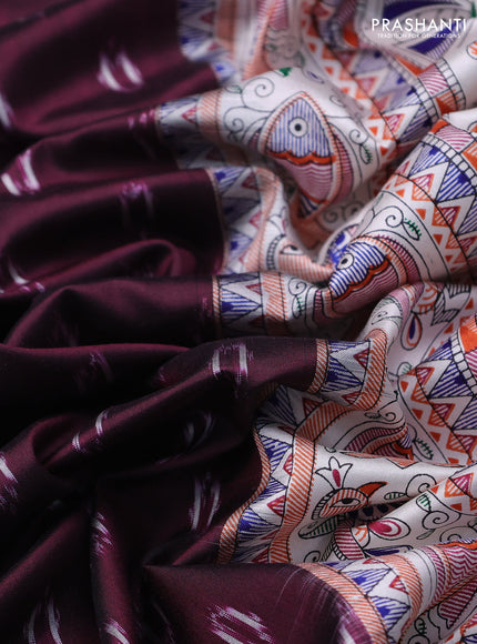 Pochampally silk saree deep maroon and cream with allover ikat woven buttas and madhubani prints