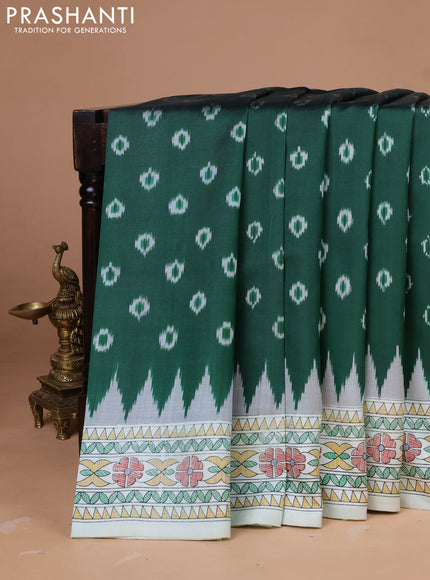 Pochampally silk saree bottle green and cream with allover ikat woven buttas and madhubani prints