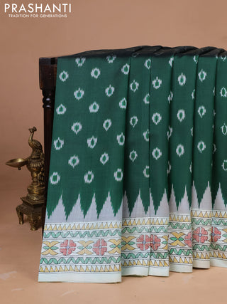 Pochampally silk saree bottle green and cream with allover ikat woven buttas and madhubani prints