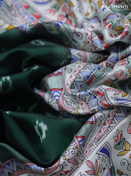 Pochampally silk saree bottle green and cream with allover ikat woven buttas and madhubani prints