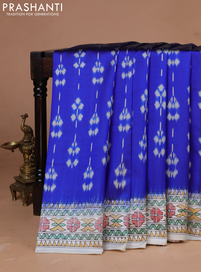 Pochampally silk saree royal blue and cream with allover ikat weaves and madhubani prints