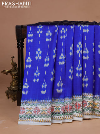 Pochampally silk saree royal blue and cream with allover ikat weaves and madhubani prints