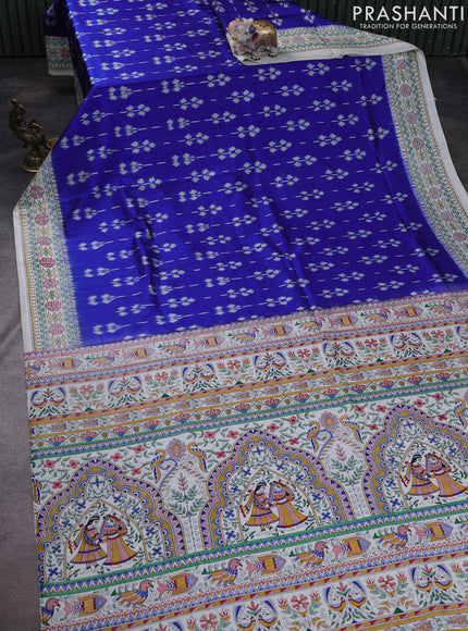 Pochampally silk saree royal blue and cream with allover ikat weaves and madhubani prints