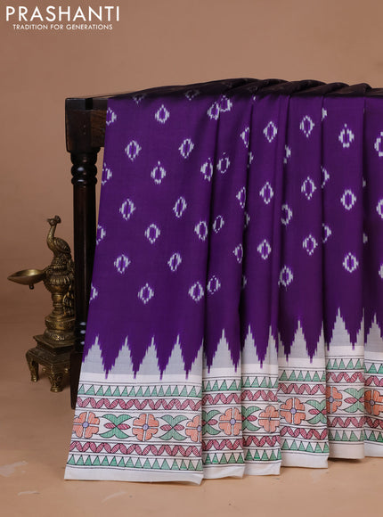 Pochampally silk saree deep violet and cream with allover ikat woven buttas and madhubani prints