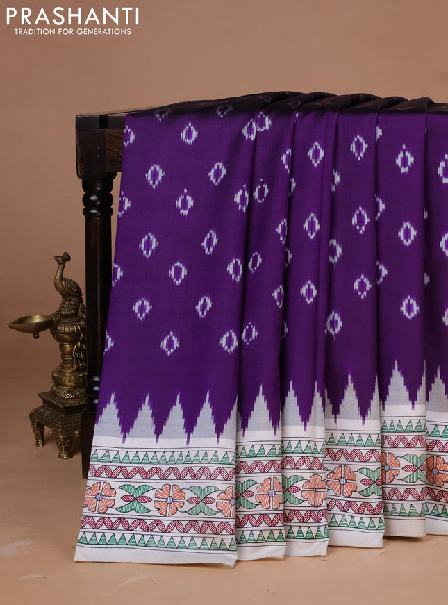 Pochampally silk saree deep violet and cream with allover ikat woven buttas and madhubani prints