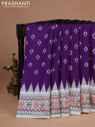 Pochampally silk saree deep violet and cream with allover ikat woven buttas and madhubani prints