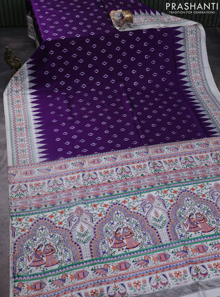 Pochampally silk saree deep violet and cream with allover ikat woven buttas and madhubani prints