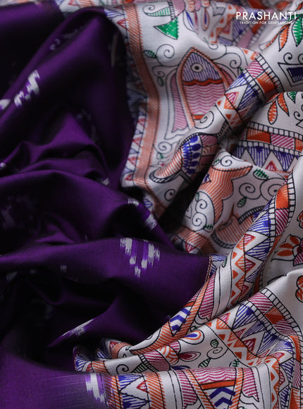 Pochampally silk saree deep violet and cream with allover ikat woven buttas and madhubani prints