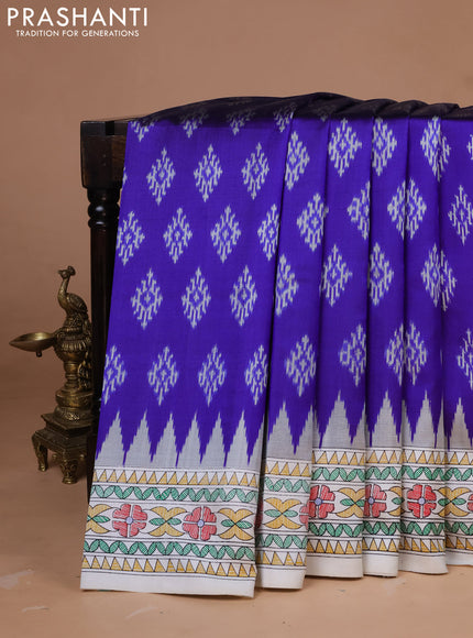Pochampally silk saree blue and cream with allover ikat woven buttas and madhubani prints