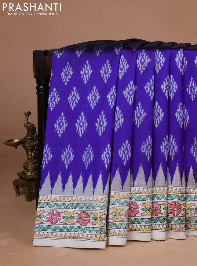 Pochampally silk saree blue and cream with allover ikat woven buttas and madhubani prints