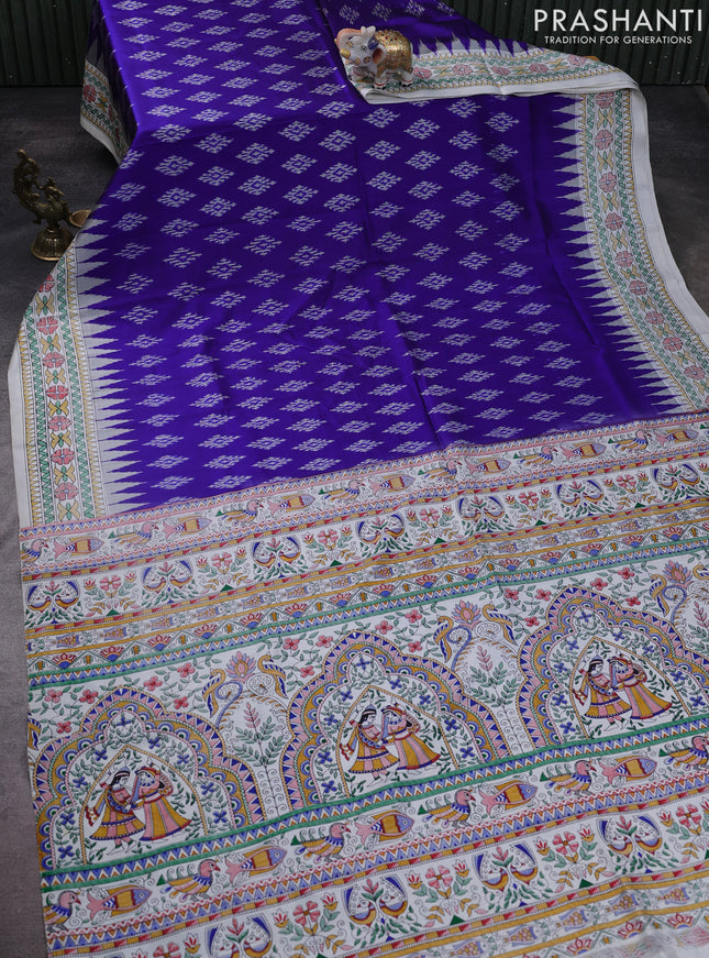 Pochampally silk saree blue and cream with allover ikat woven buttas and madhubani prints