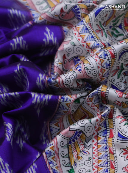 Pochampally silk saree blue and cream with allover ikat woven buttas and madhubani prints