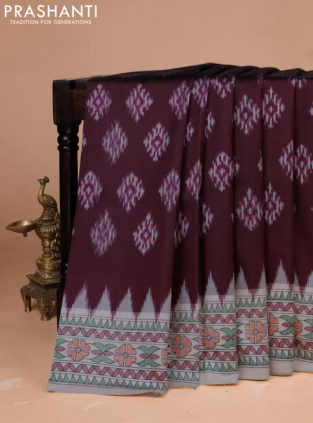 Pochampally silk saree deep maroon and off white with allover ikat woven buttas and madhubani prints