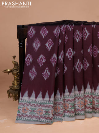 Pochampally silk saree deep maroon and off white with allover ikat woven buttas and madhubani prints