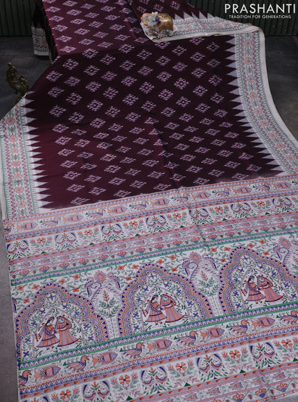 Pochampally silk saree deep maroon and off white with allover ikat woven buttas and madhubani prints