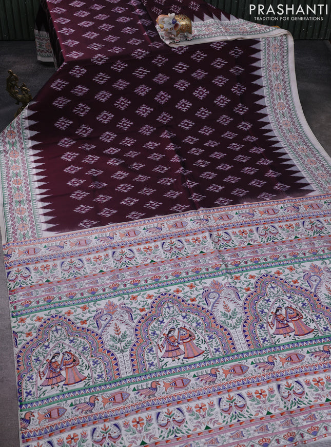 Pochampally silk saree deep maroon and off white with allover ikat woven buttas and madhubani prints