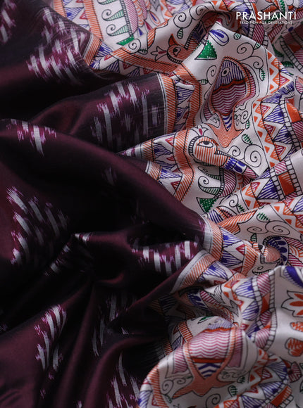 Pochampally silk saree deep maroon and off white with allover ikat woven buttas and madhubani prints