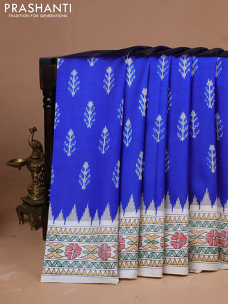 Pochampally silk saree royal blue and off white with allover ikat woven buttas and madhubani prints