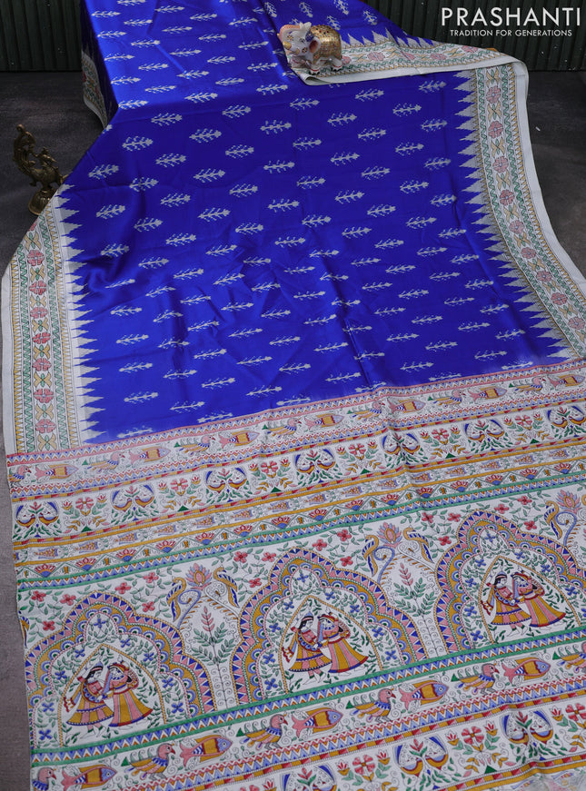 Pochampally silk saree royal blue and off white with allover ikat woven buttas and madhubani prints