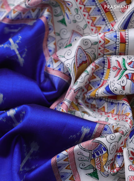 Pochampally silk saree royal blue and off white with allover ikat woven buttas and madhubani prints