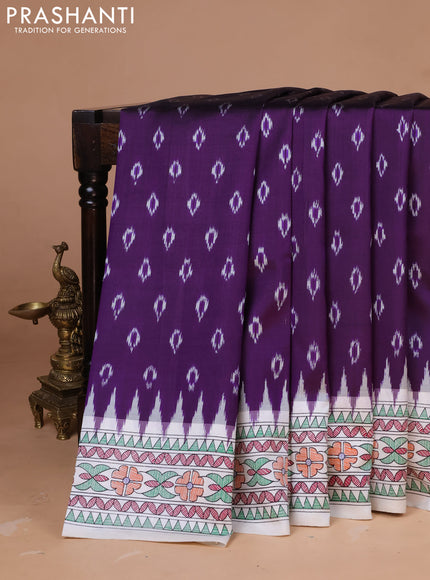 Pochampally silk saree deep violet and off white with allover ikat woven buttas and madhubani prints