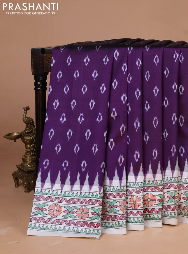 Pochampally silk saree deep violet and off white with allover ikat woven buttas and madhubani prints