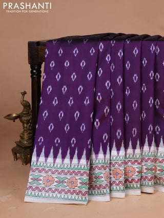 Pochampally silk saree deep violet and off white with allover ikat woven buttas and madhubani prints