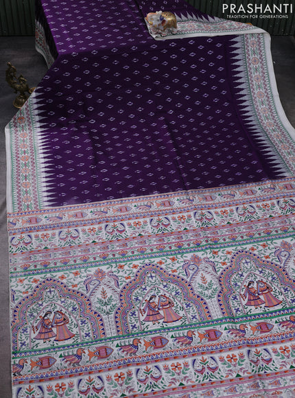 Pochampally silk saree deep violet and off white with allover ikat woven buttas and madhubani prints