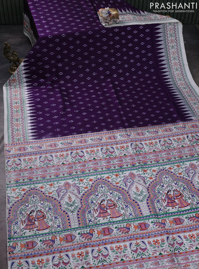 Pochampally silk saree deep violet and off white with allover ikat woven buttas and madhubani prints