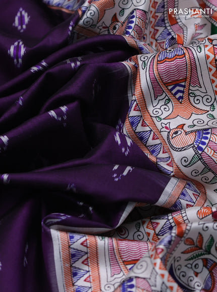 Pochampally silk saree deep violet and off white with allover ikat woven buttas and madhubani prints