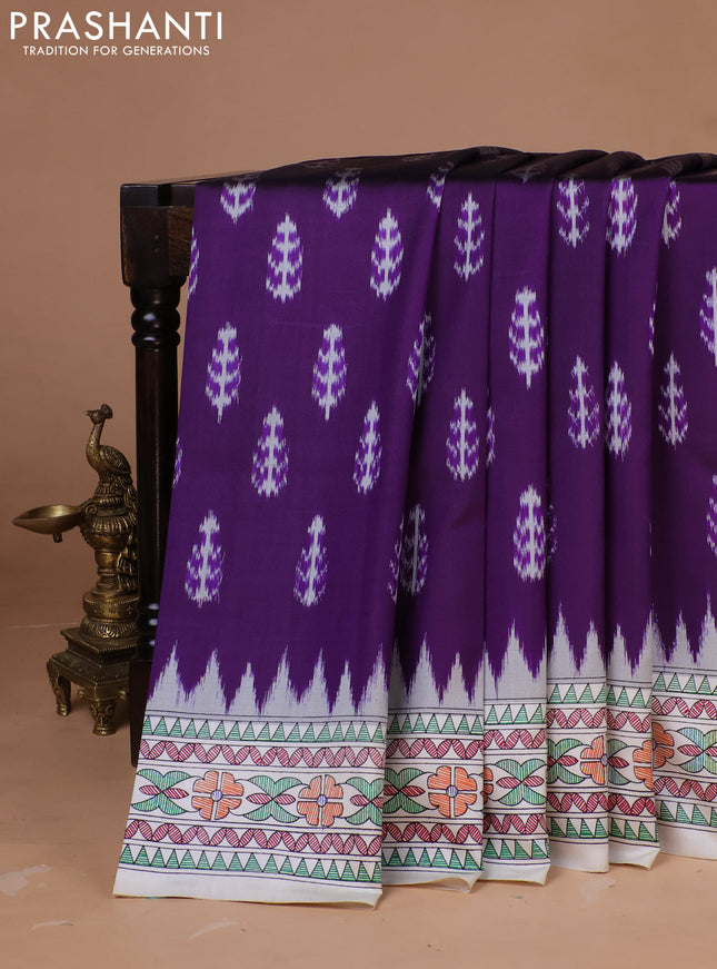 Pochampally silk saree deep violet and cream with allover ikat woven buttas and madhubani prints