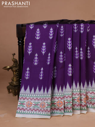 Pochampally silk saree deep violet and cream with allover ikat woven buttas and madhubani prints