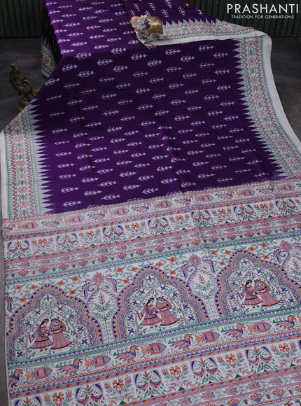 Pochampally silk saree deep violet and cream with allover ikat woven buttas and madhubani prints