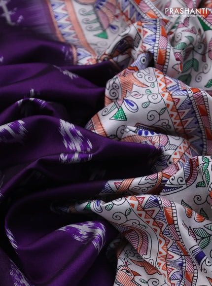 Pochampally silk saree deep violet and cream with allover ikat woven buttas and madhubani prints