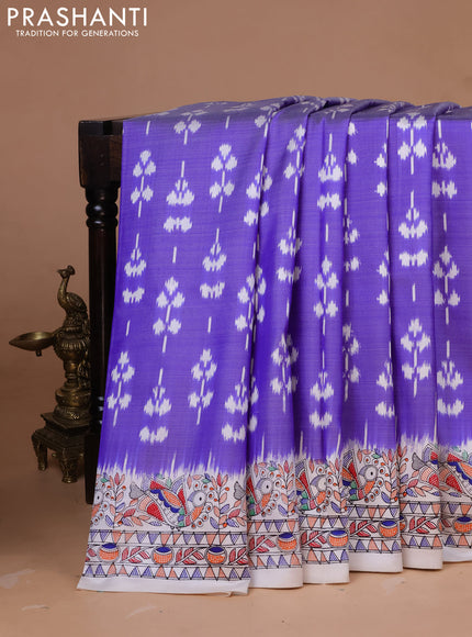 Pochampally silk saree blue and cream with allover ikat weaves and madhubani prints