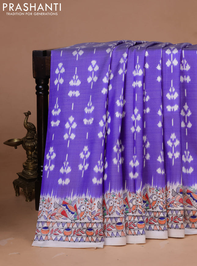 Pochampally silk saree blue and cream with allover ikat weaves and madhubani prints