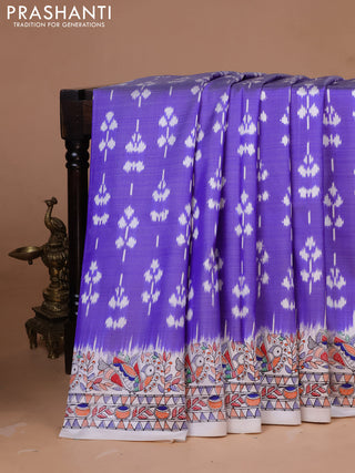 Pochampally silk saree blue and cream with allover ikat weaves and madhubani prints