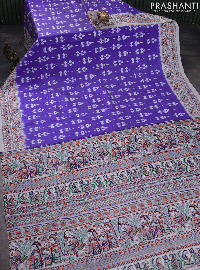 Pochampally silk saree blue and cream with allover ikat weaves and madhubani prints