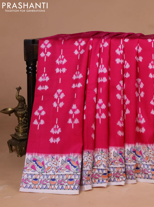 Pochampally silk saree dark pink and off white with allover ikat weaves and madhubani prints