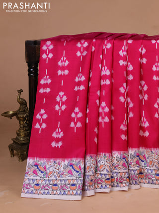 Pochampally silk saree dark pink and off white with allover ikat weaves and madhubani prints