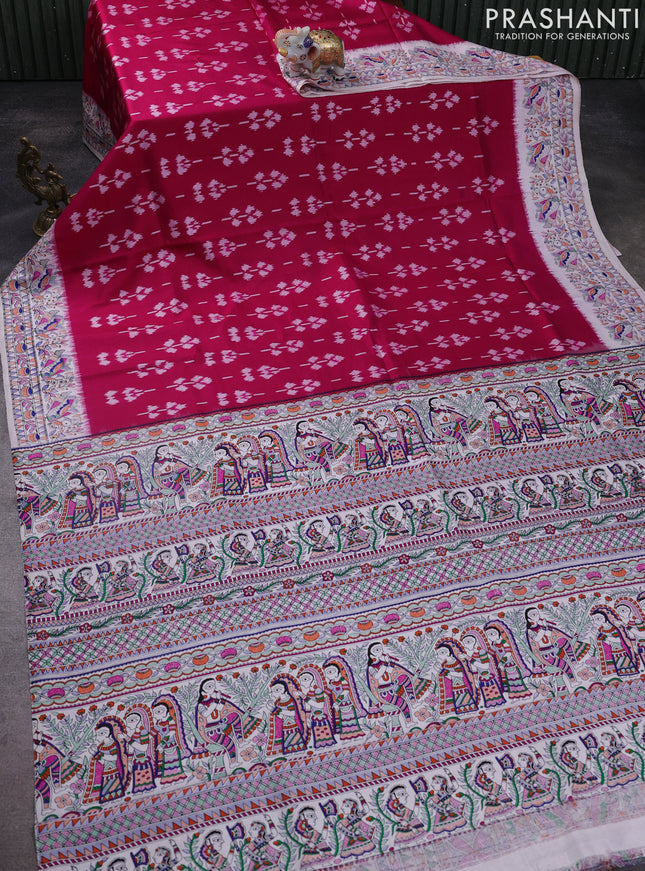 Pochampally silk saree dark pink and off white with allover ikat weaves and madhubani prints